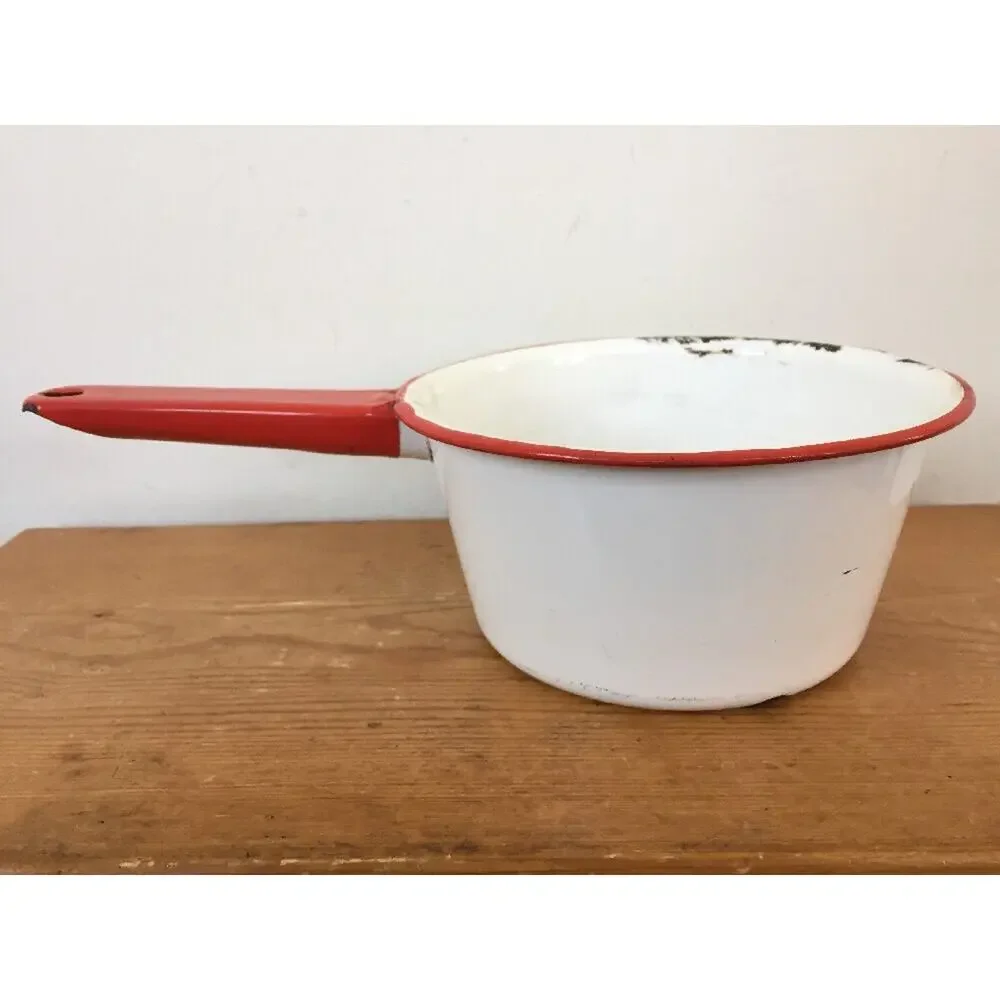 Vintage Antique White Red Metal Enamelware Primitive Small Sauce Pot Pan 7